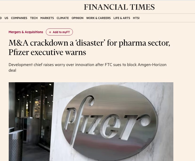 M&A crackdown a ‘disaster’ for pharma sector, Pfizer executive warns