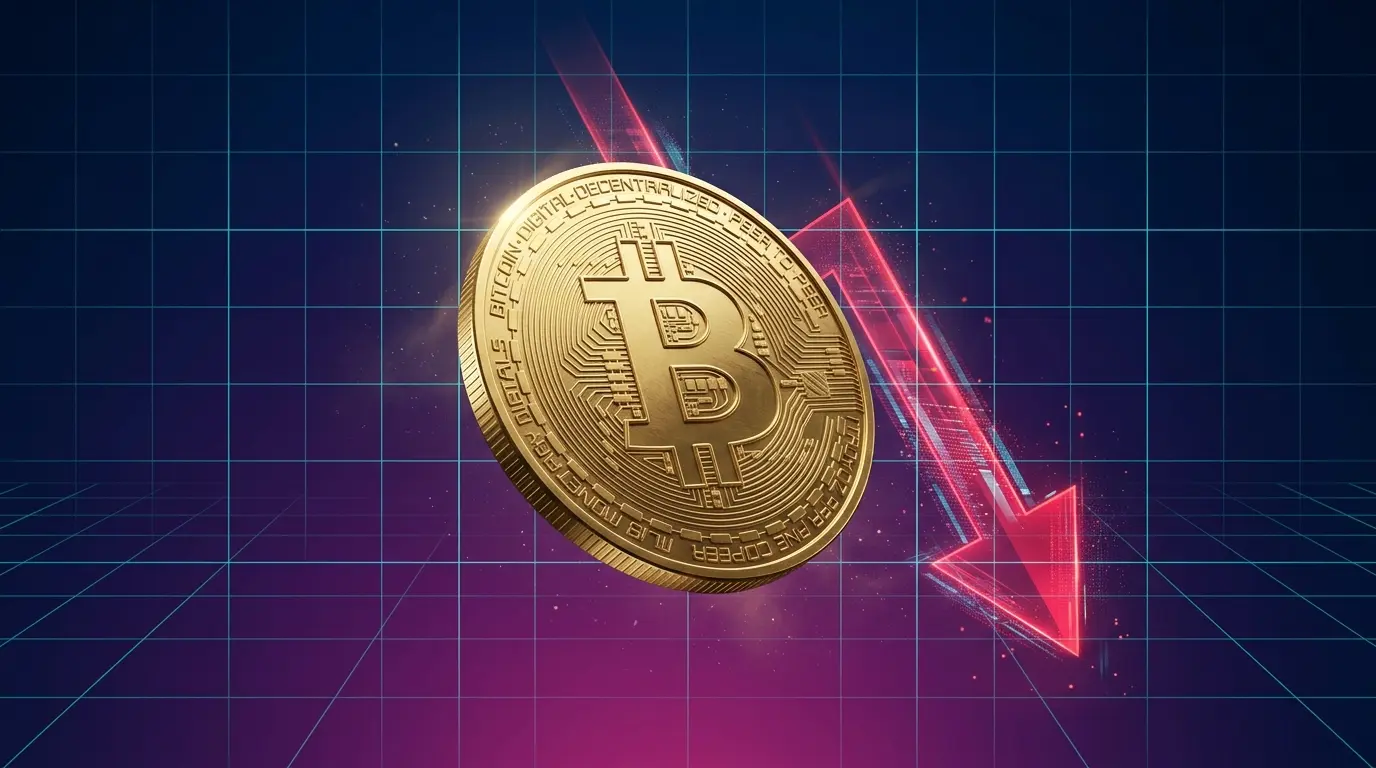 Bitcoin coin tilted downward with purple gradient and grid overlay symbolizing price drop