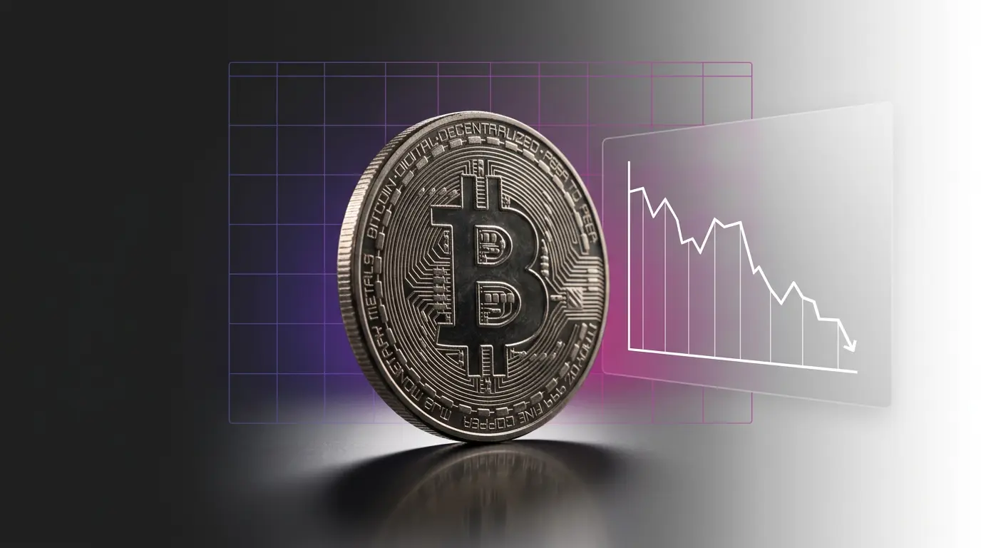 Bitcoin coin in studio lighting with declining graph and purple gradient grid showing whale accumulation stall