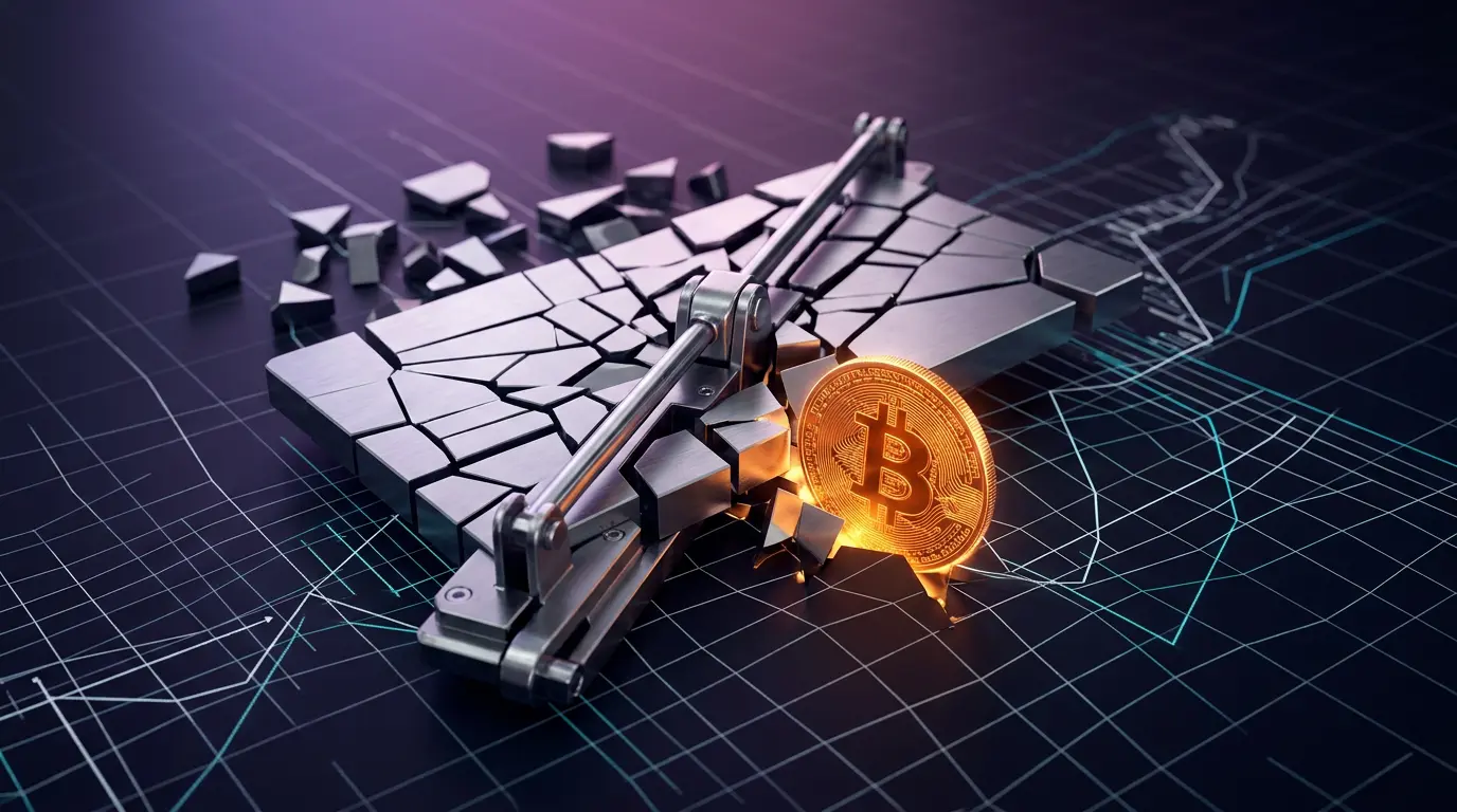 Stock certificate splitting into fragments with glowing Bitcoin coin emerging from mechanical split device