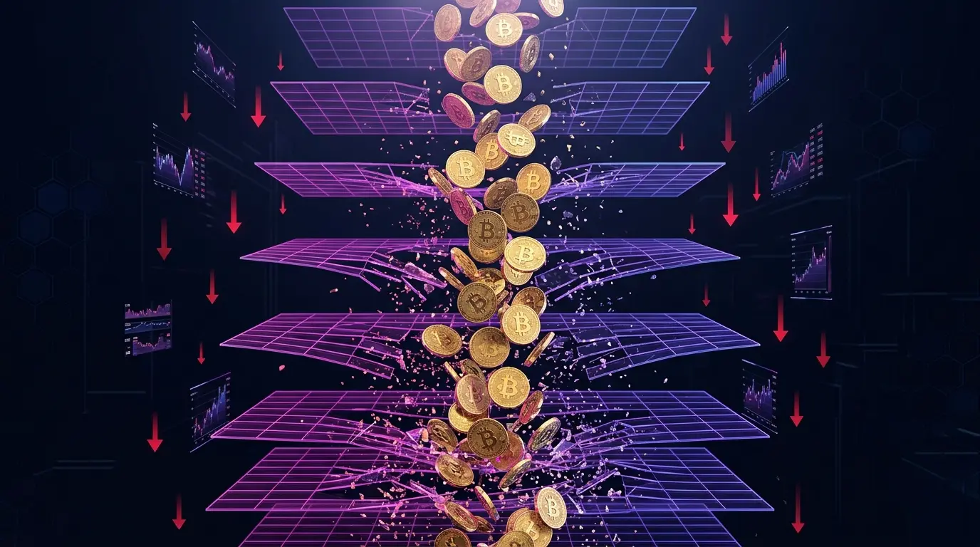 Bitcoin liquidation cascade visualization with falling coins through purple gradient grid layers