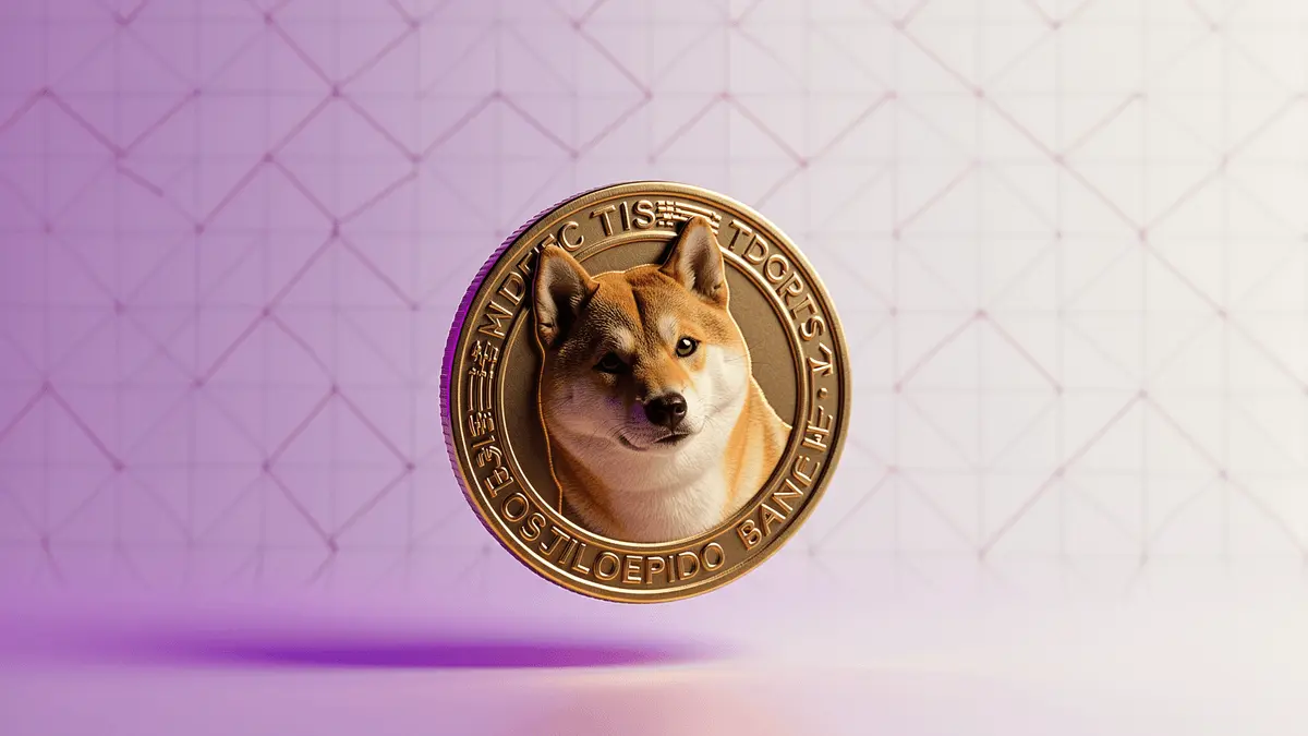 Dogecoin cryptocurrency falling at downward angle with magenta gradient lighting and tech grid background