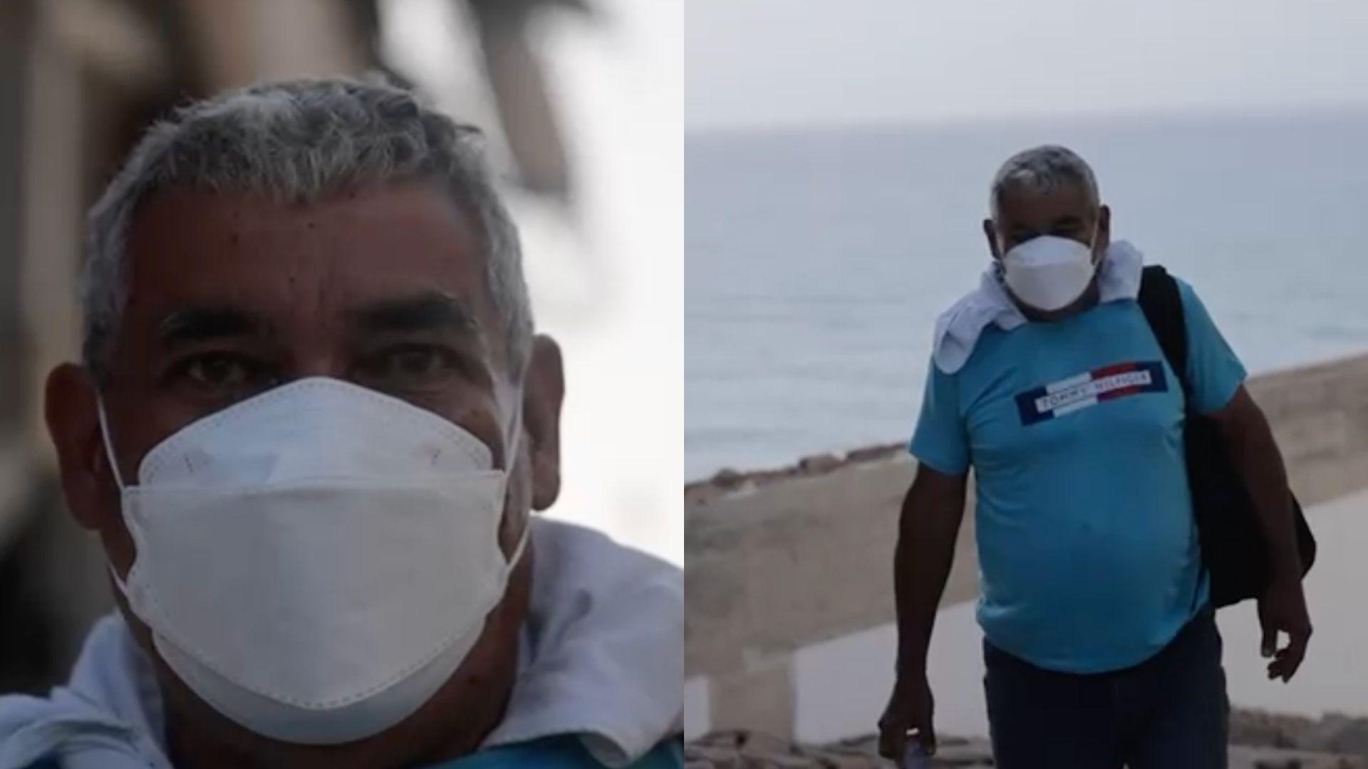 Two photos: one showing only a close up of a mans face you can only see his eyes as he is wearing a white mask. The other showing almost the full body of Jesús, wearing a face mask, a blue T-shirt, and trousers.