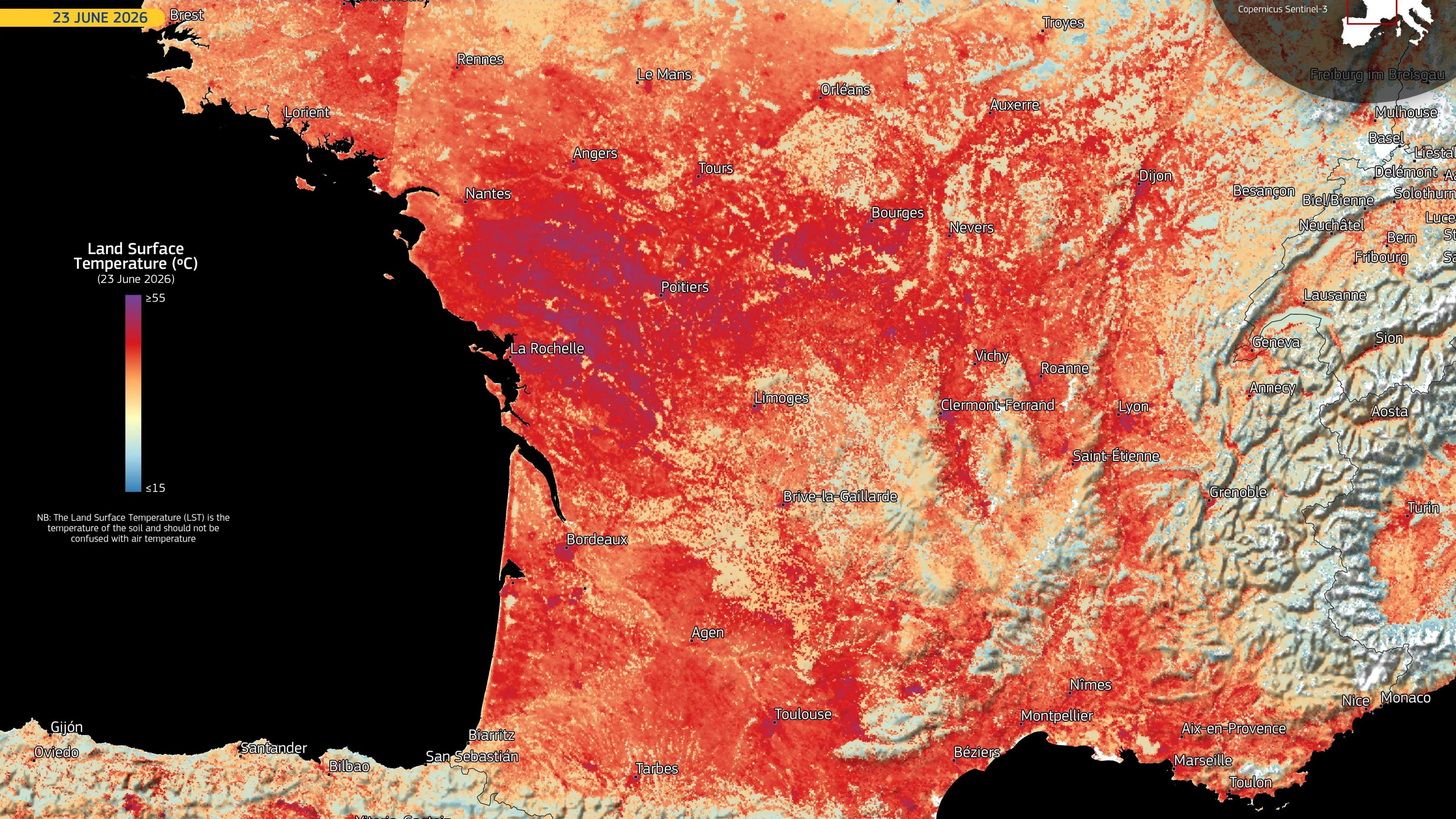Copernicus Sentinel-3 satellites acquired on 23 June 2026 at 09:54 UTC shows the Land Surface Temperatures (LST) across central and southern France, and northern Spain