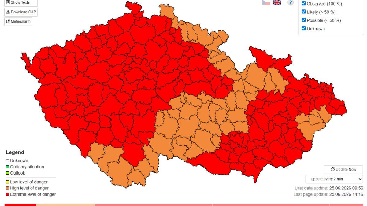 A screengrab showing red alerts in the Czech Republic