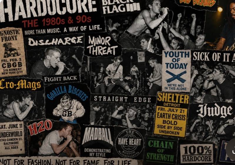 Raised by the Streets: Growing Up Hardcore in New York’s Lost Generation 1 New York Hardcore Generation X punk collage with 1980s and 1990s band flyers, photos and logos, ai