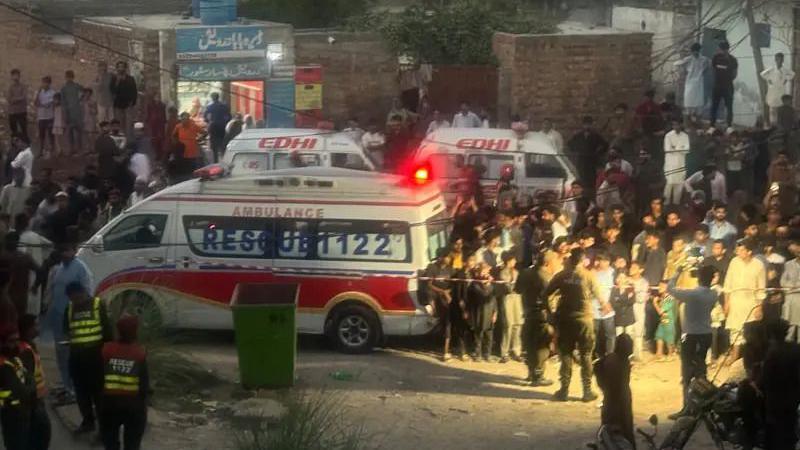 An ambulance pictured at the scene of a roof collapse.