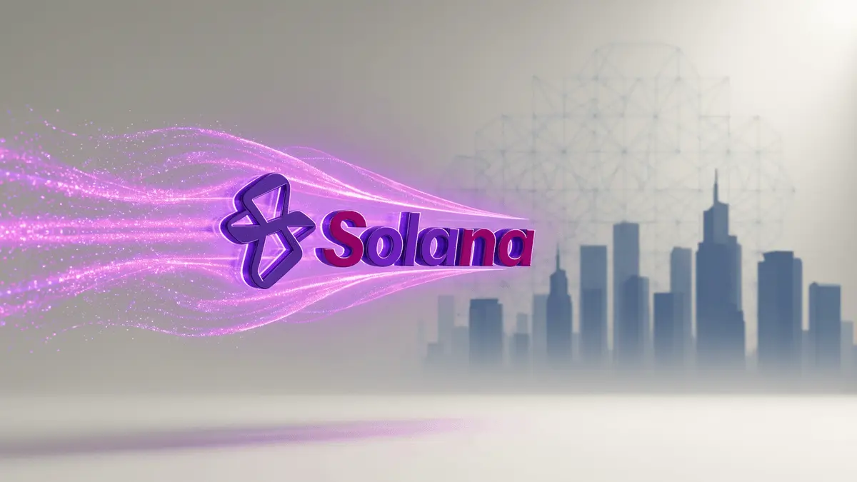 Holographic Solana logo with purple-magenta payment streams flowing across Seoul cityscape background