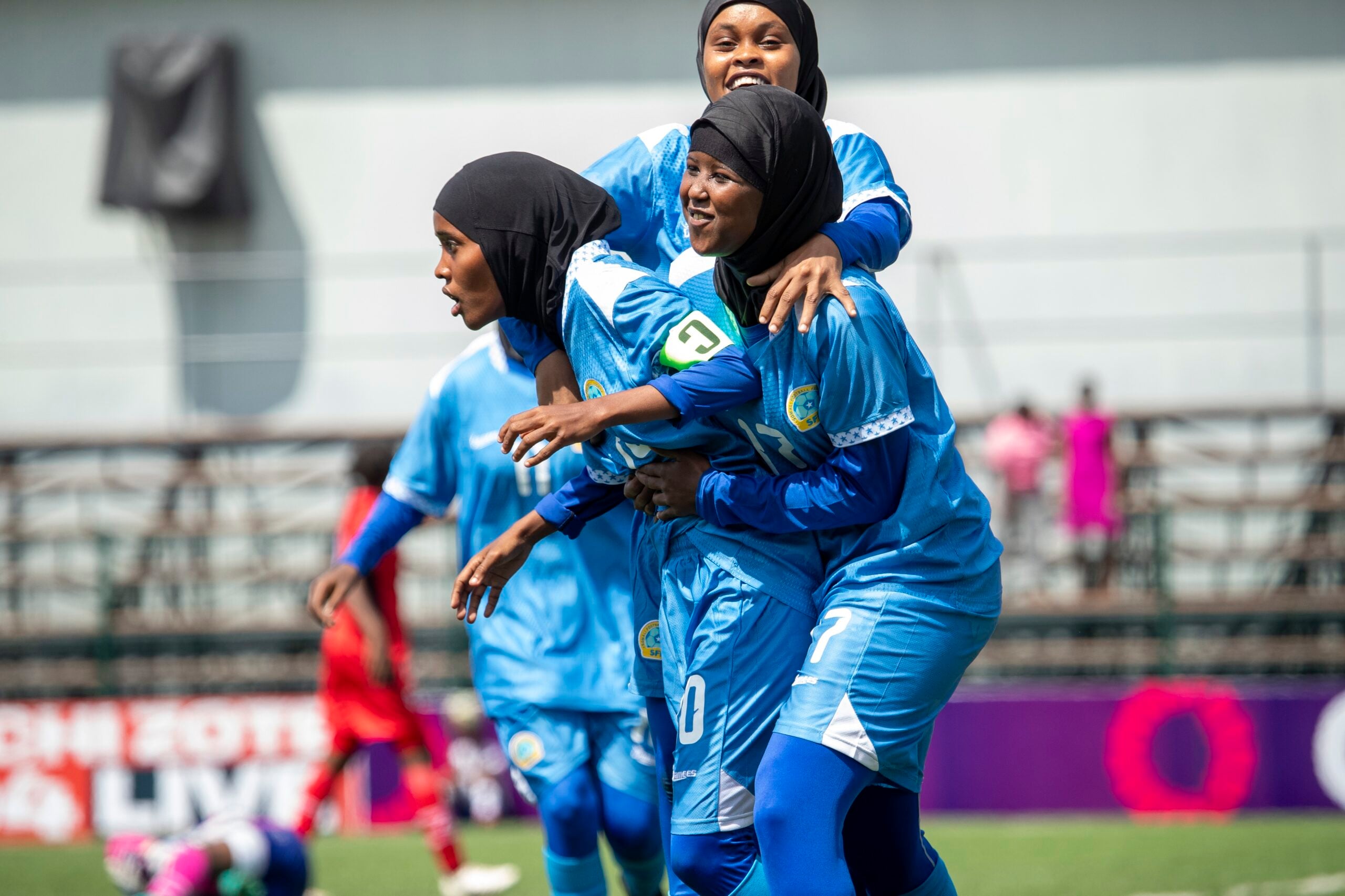 Somalia U-17 Women End Debut CECAFA Tournament With Historic 8-2 Win Over Sudan 3 somali players celebrate
