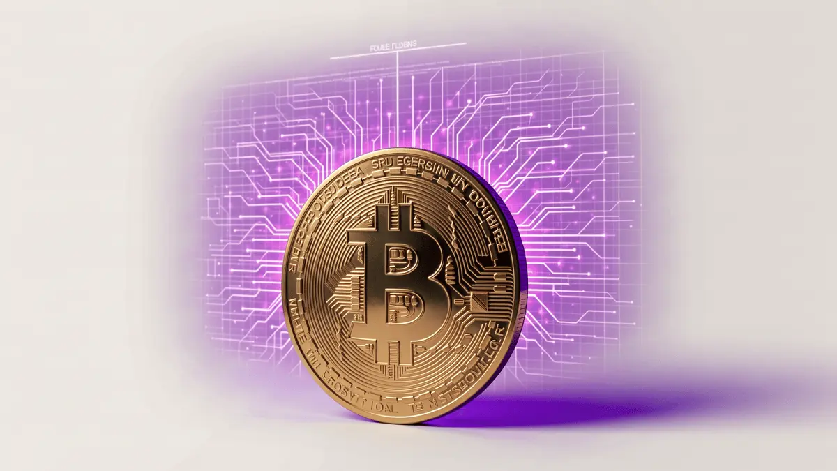 Bitcoin coin with holographic quantum circuit overlay in purple and magenta gradient lighting