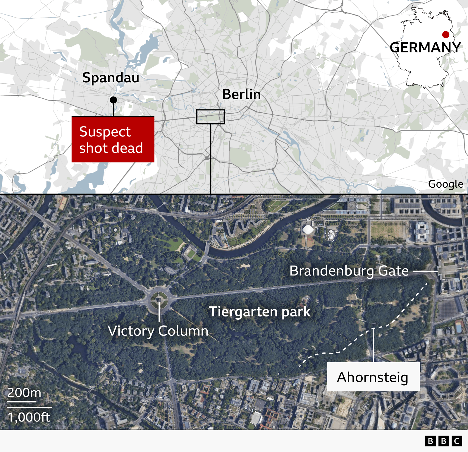 A map shows the location of Spandau in the west of Berlin where the suspect was shot dead, with a label saying so. A second map shows the Tiergarten to the left of the Brandenburg Gate, and a label showing the Ahurnsteig street