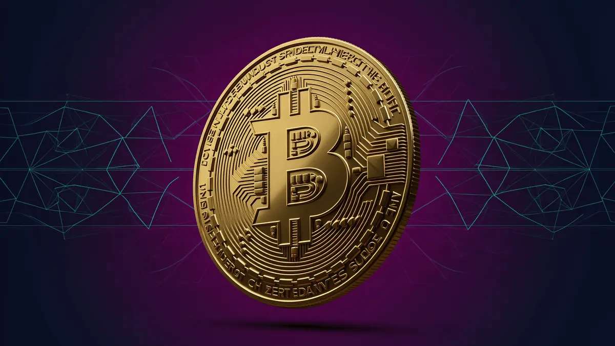 Bitcoin coin with purple gradient and technical grid overlay representing market recovery