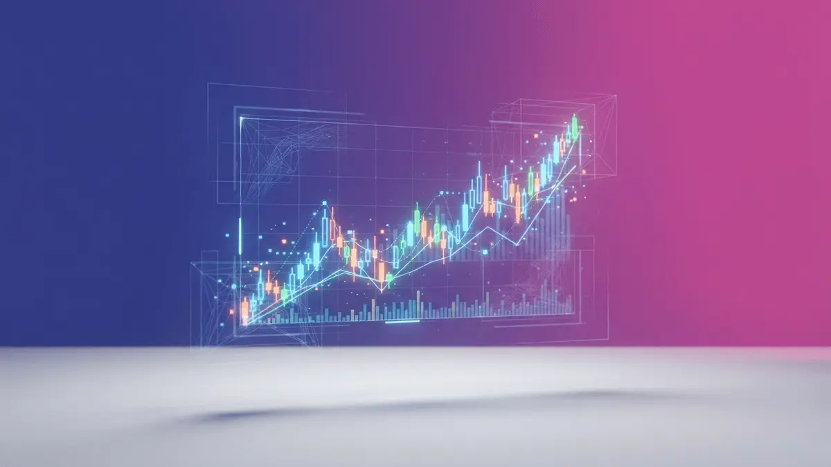 Bitcoin price chart visualization with purple-magenta gradient and geometric grid overlay