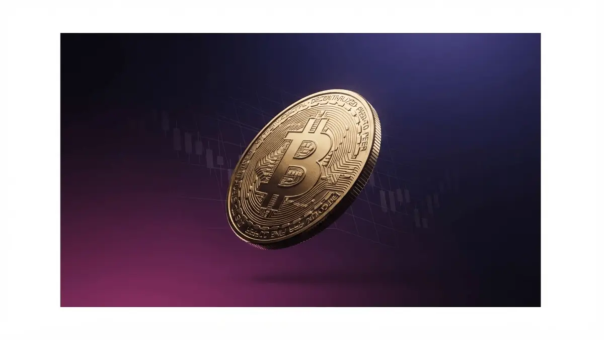 Bitcoin coin descending against purple gradient grid backdrop symbolizing price retracement