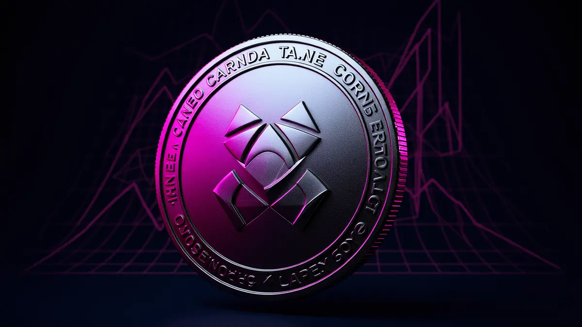 Cardano ADA coin with magenta gradient lighting and upward price trend visualization