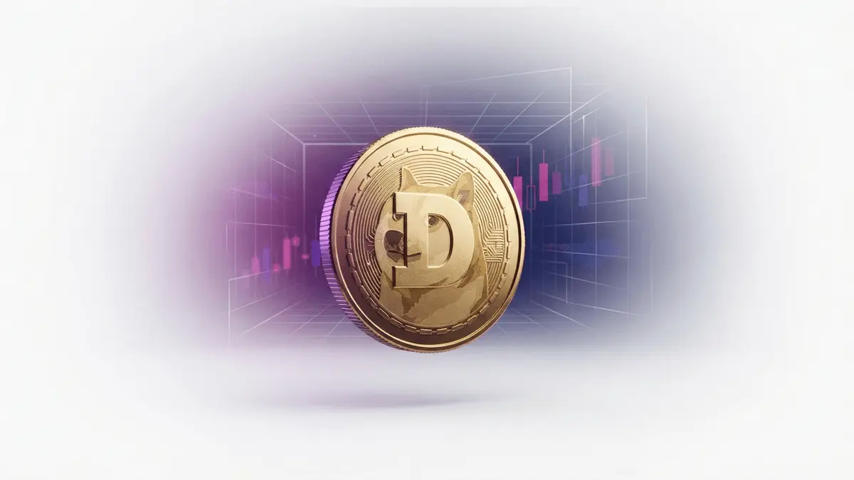Dogecoin coin with technical trading chart indicators and purple gradient lighting in studio setting