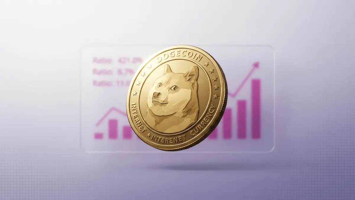 3D Dogecoin token in studio lighting with abstract bullish chart data visualization on gradient background