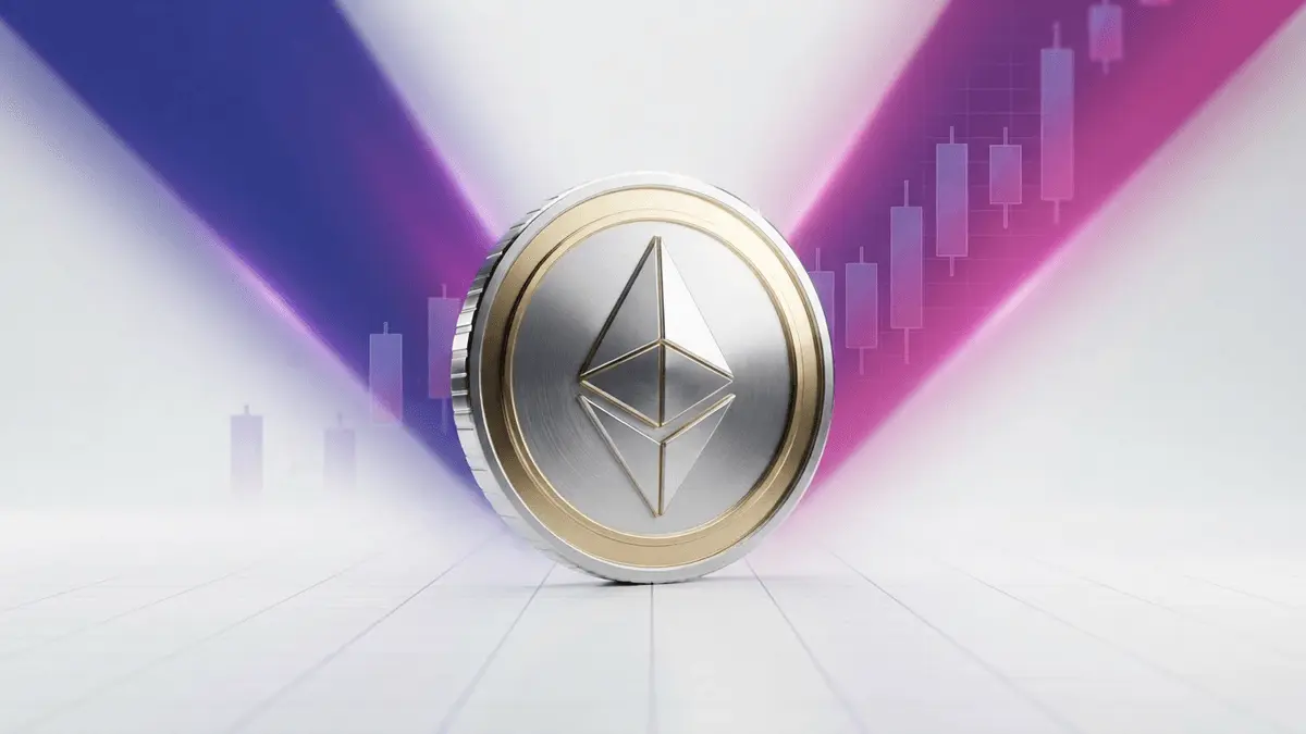 Ethereum coin with purple gradient and upward trending chart elements on gridded surface