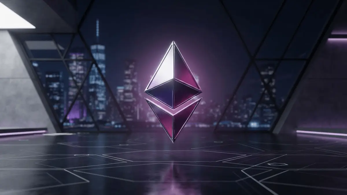 Ethereum logo in metallic chrome with purple gradients hovering above Wall Street-inspired architectural background