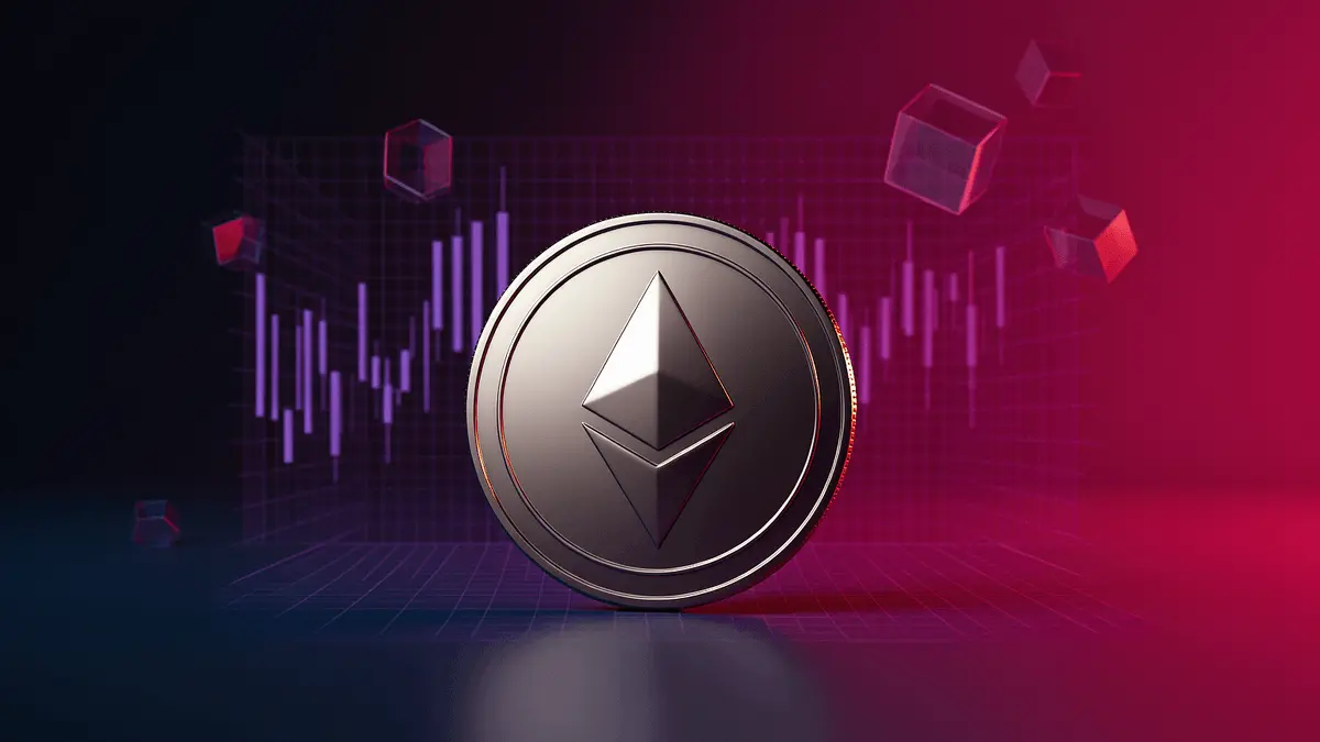 Ethereum coin with purple gradient grid overlay representing ETF institutional investment structure