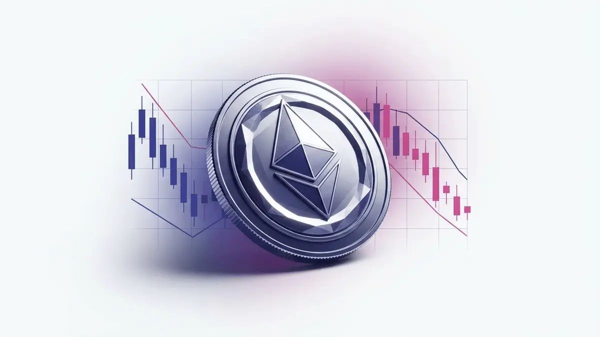 Ethereum coin with price chart grid showing consolidation pattern in purple and magenta gradient