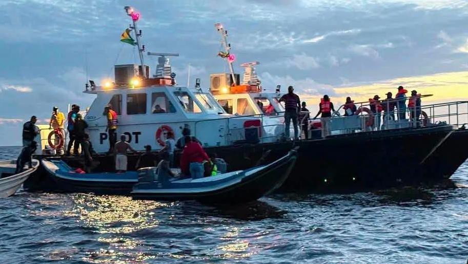 Guyana's rescue boats take part in a search and rescue operation after a ferry capsized near Iron Punt. Photo: 19 July 2026