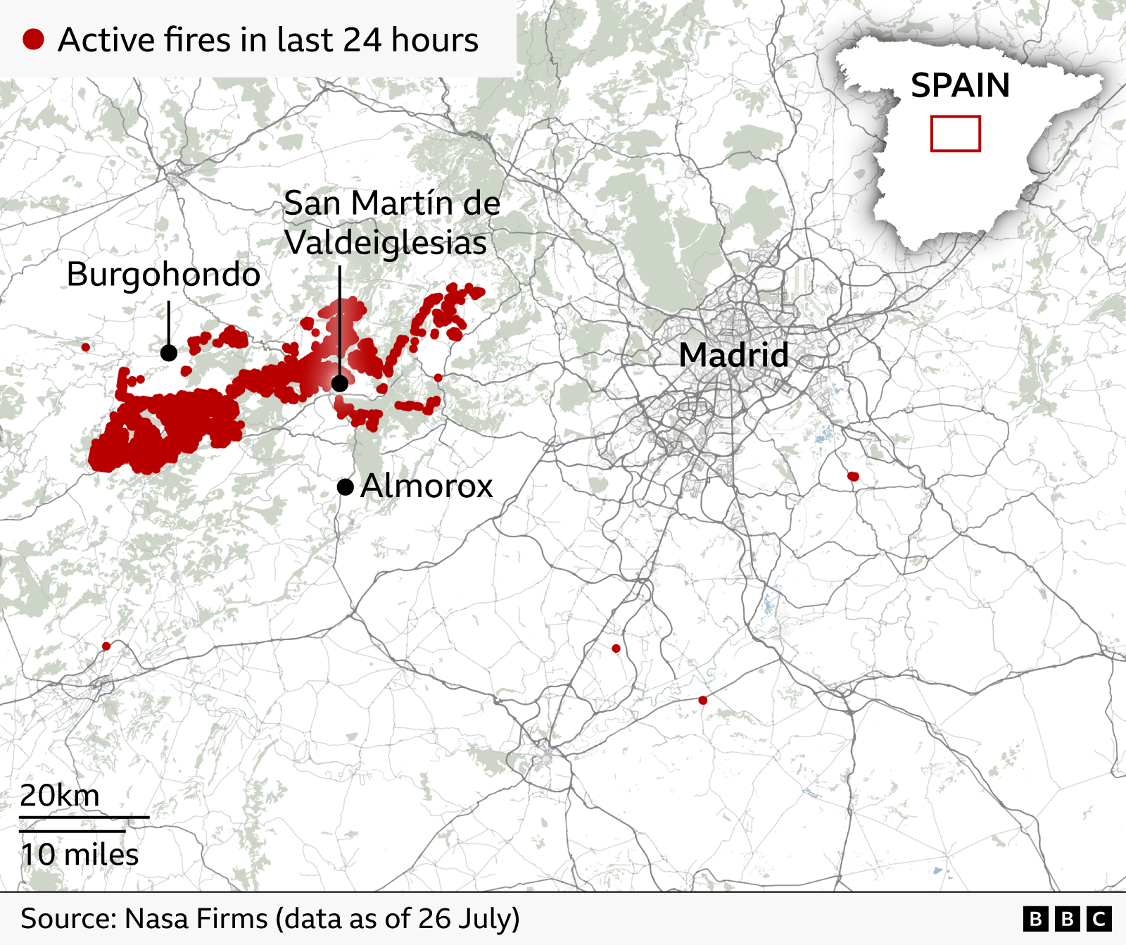 Map of central Spain showing active wildfires recorded in the last 24 hours. Large clusters of red dots mark fire activity west of Madrid, concentrated around Burgohondo and San Martín de Valdeiglesias. The fires form two main zones. A few isolated fire detections are scattered south and east of Madrid. Madrid is labelled near the centre-right of the map. An inset map of Spain in the top right highlights the location of the affected area. Source: NASA FIRMS data as of 26 July.