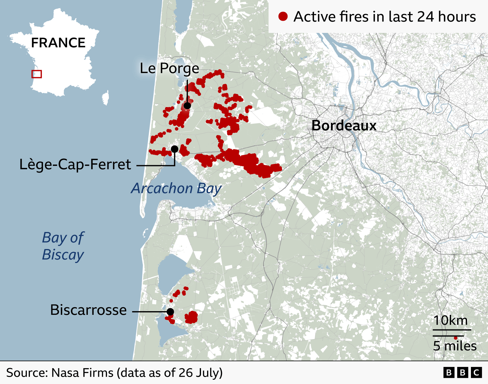 Map of south-west France showing active wildfires recorded in the last 24 hours. Large clusters of red dots mark fire activity around Arcachon Bay, concentrated to the south west of Bordeaux and between Lège-Cap-Ferret and Le Porge on the Atlantic coast. A second sizeable cluster is located near Biscarrosse to the south. Bordeaux is labelled inland to the east, while Arcachon Bay and the Bay of Biscay are labelled in blue along the coastline. An inset map of France in the top left highlights the location of the affected area.