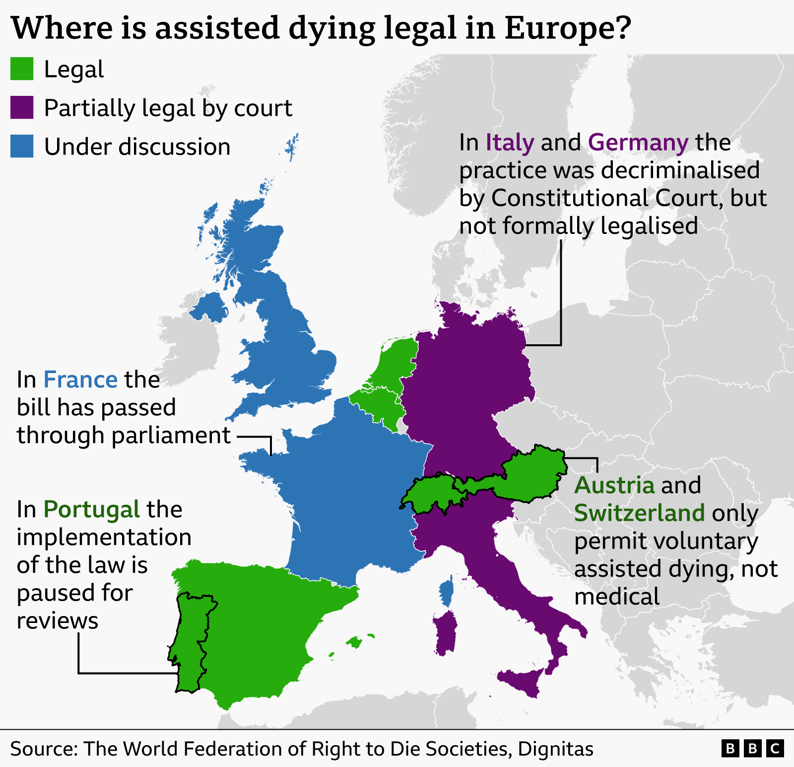 A graphic showing where assisted dying is legal in Europe