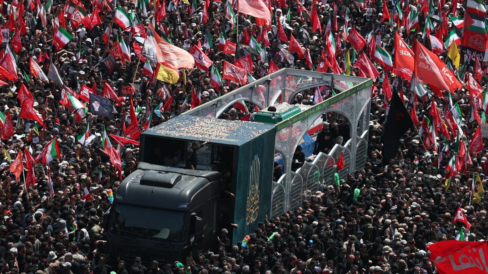 Iranians take part in the funeral procession for the late Iranian Supreme Leader Ayatollah Ali Khamenei in Tehran, Iran (6 July 2026)