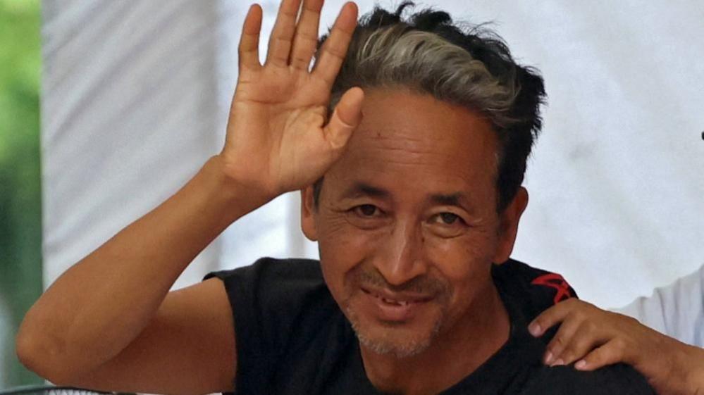 Sonam Wangchuk, an Indian education reformer, who has been on hunger strike, gestures as he sits on stage during a sit-in protest called by Cockroach Janta Party (CJP) demanding the resignation of Indian Education Minister Dharmendra Pradhan, at Jantar Mantar in New Delhi, India, July 17, 2026. REUTERS/Bhawika Chhabra