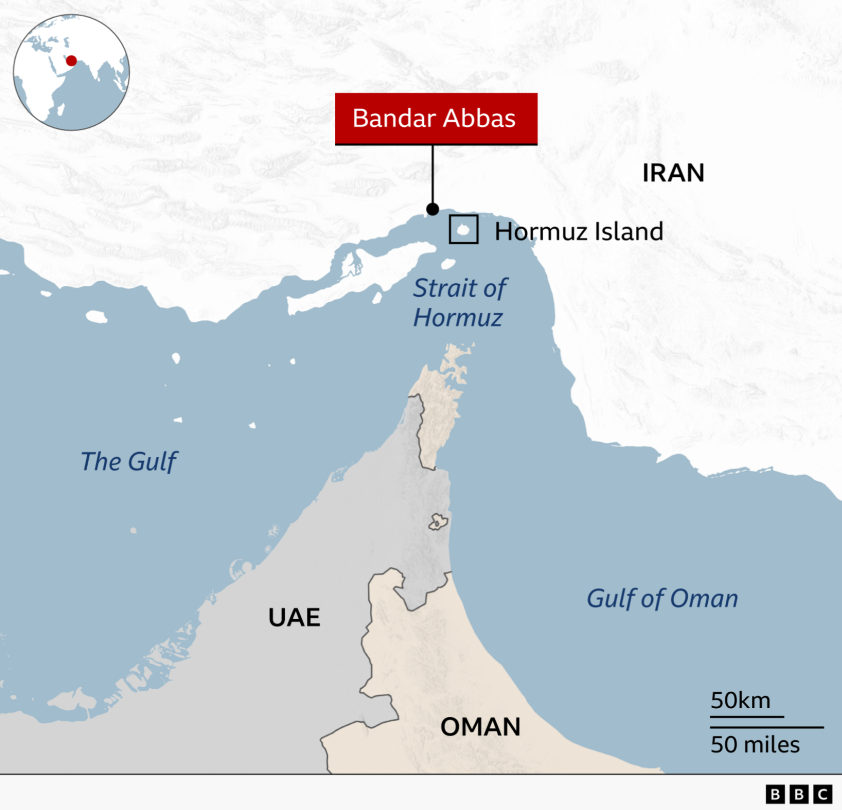 A map showing the Strait of Hormuz. To the north is Iran with the city of Bandar Abbas and Hormuz Island marked. To the south is the UAE and Oman.