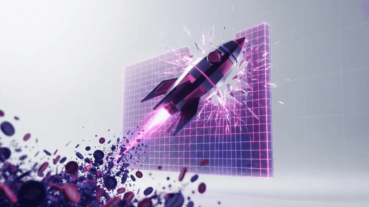 PUMP crypto token breaking through resistance with upward momentum and purple magenta gradient effects