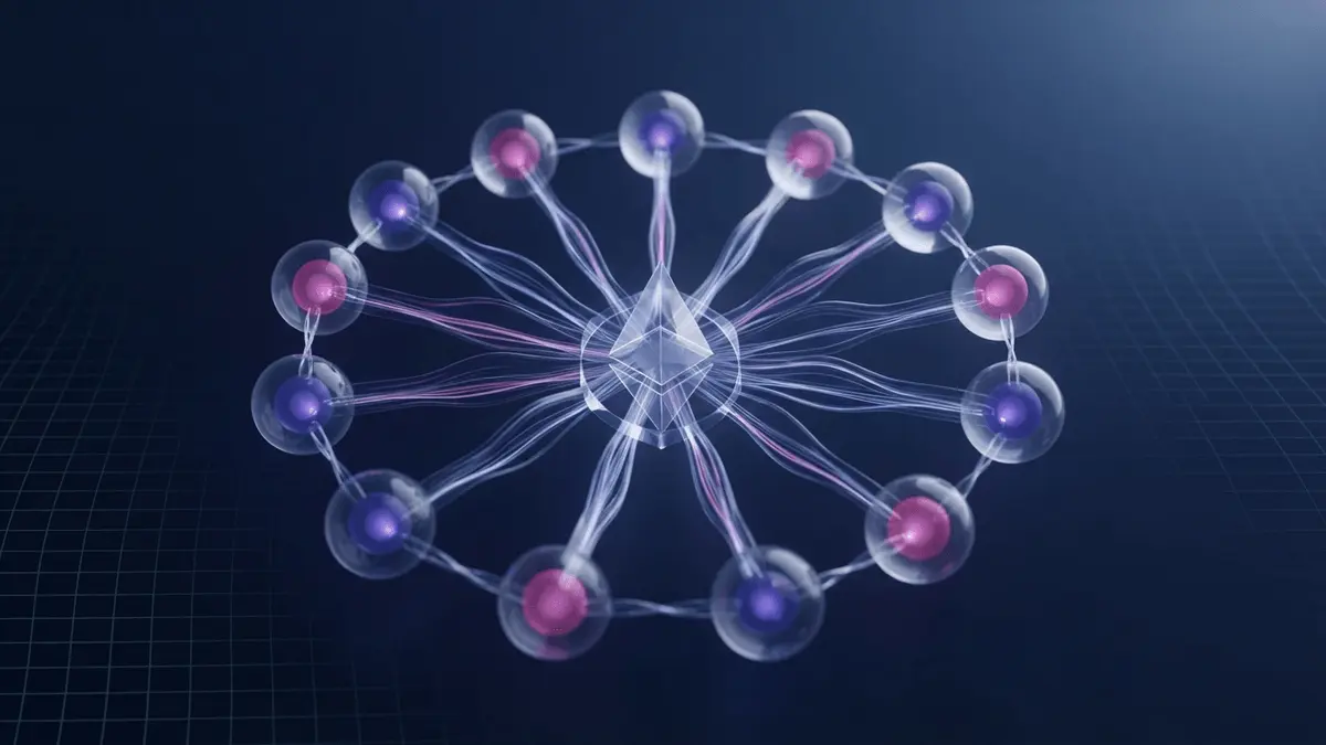 Interconnected blockchain network nodes with flowing liquidity streams in purple and magenta gradient