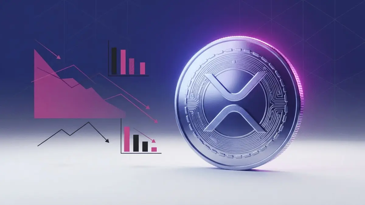 XRP cryptocurrency coin with declining chart visualization and purple gradient lighting