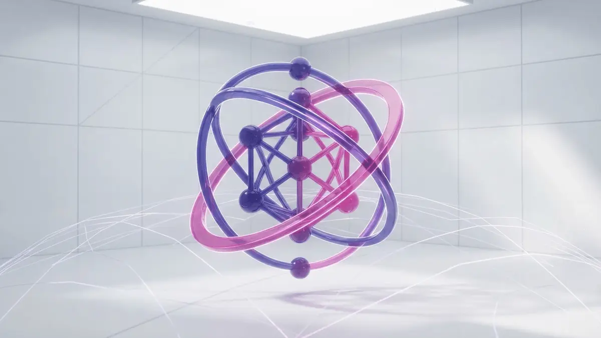 3D blockchain ledger network with purple-magenta gradients representing 24/7 global banking settlement system