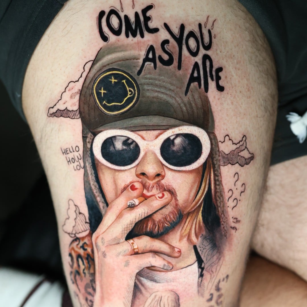 Tattoo Artist Natacha Rios On Elevating Fan Culture Into Fine Art 1 Color realist tattoo of Kurt Cobain by artist Natacha Rios