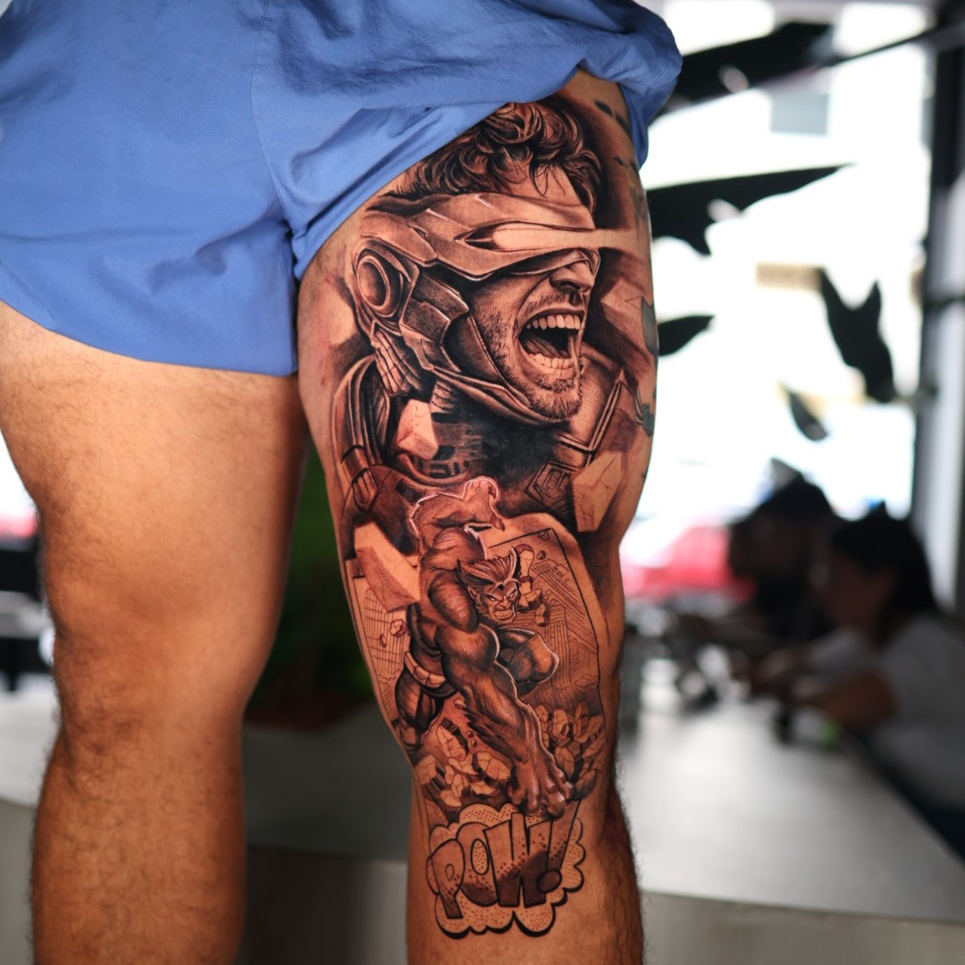 Tattoo Artist Natacha Rios On Elevating Fan Culture Into Fine Art 4 X-Men Cyclops tattoo leg piece by tattoo artist Natacha Nacha Rios in NYC at Noble Art Studio