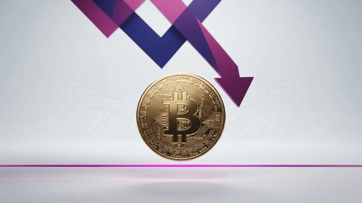 Bitcoin coin under pressure above critical support level with geometric gradients