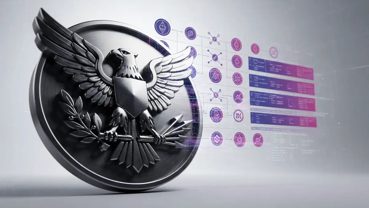 DOJ eagle seal with flowing holographic crypto tokens in purple-magenta gradient representing enforcement