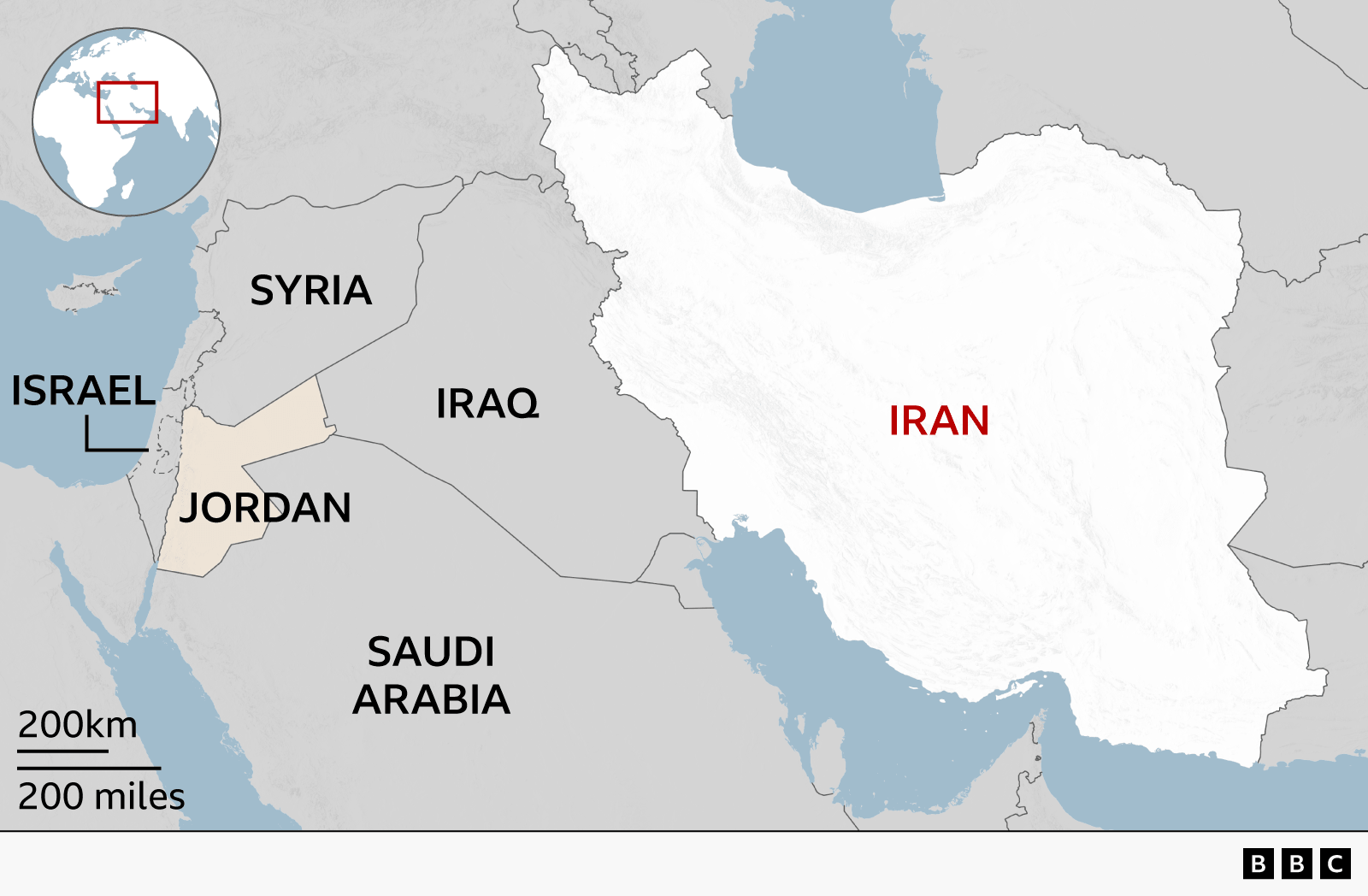 Map of the Middle East highlighting Iran in the east of the region in white. Jordan, to the west, is highlighted in a secondary light beige colour. Israel is located immediately west of Jordan on the Mediterranean coast. Iraq, which sits between Iran and Jordan, is also labelled, as is Syria to the north of Iraq and Saudi Arabia to the south.