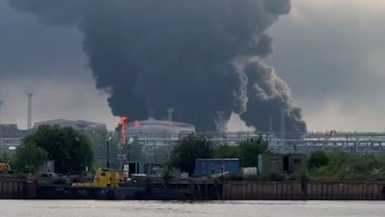 Screenshot from a video showing St Petersburg's oil terminal on fire in north-western after a Ukrainian attack.