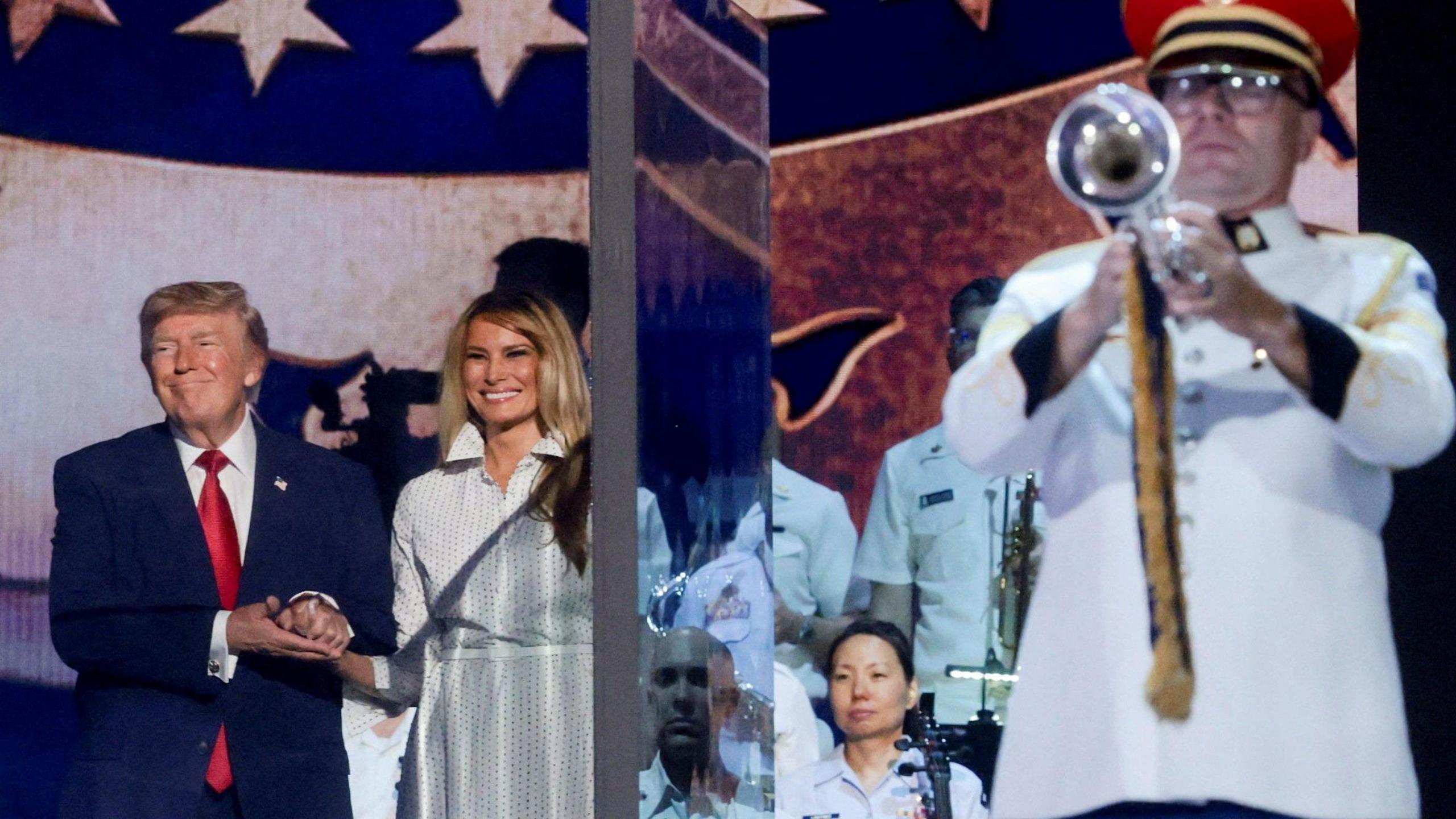 U.S. President Donald Trump and first lady Melania Trump attend a Fourth of July rally, marking the 250th anniversary of U.S. independence, on the National Mall in Washington