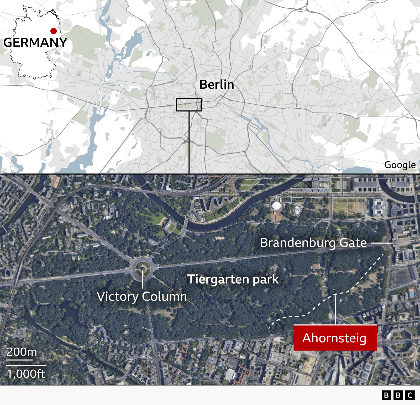 Map graphic showing the location of Lennéstrasse in central Berlin, Germany. An inset map highlights Berlin within Germany. The main map zooms into the city, with a satellite view identifying Tiergarten park, the Victory Column, and the Brandenburg Gate. Ahornsteig is marked in a red label on the south-eastern edge of the park.