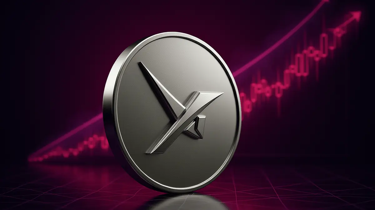 XRP cryptocurrency coin with purple-magenta gradient and rising price chart in background