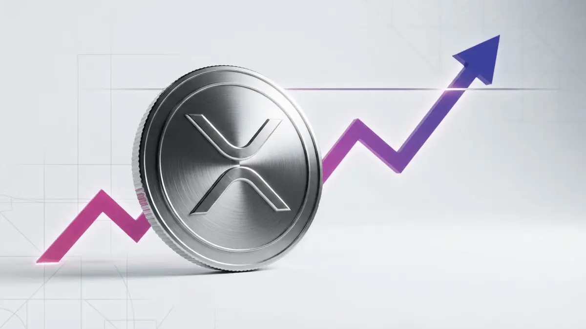 XRP cryptocurrency coin with ascending purple gradient price chart approaching resistance level