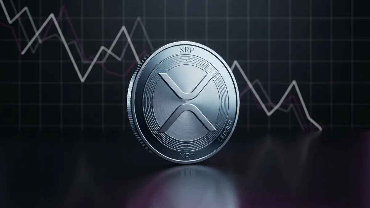 XRP cryptocurrency coin with downward price chart grid on dark background with magenta accents