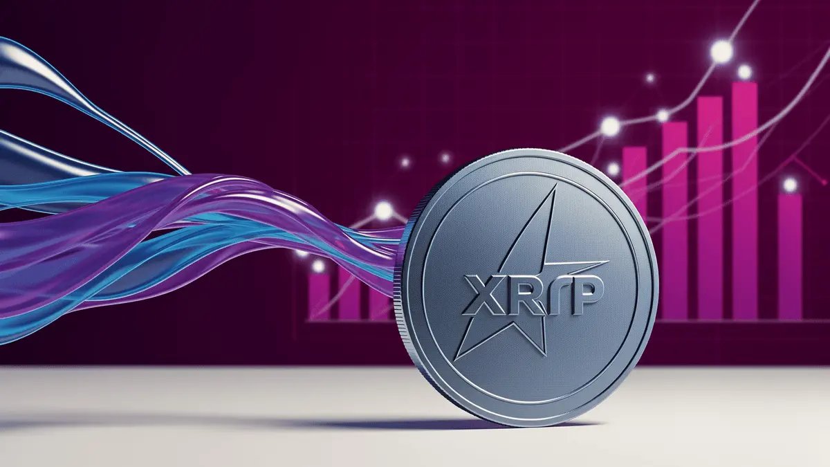XRP cryptocurrency coin with rising volume charts and purple gradient representing price breakout and ETF inflows