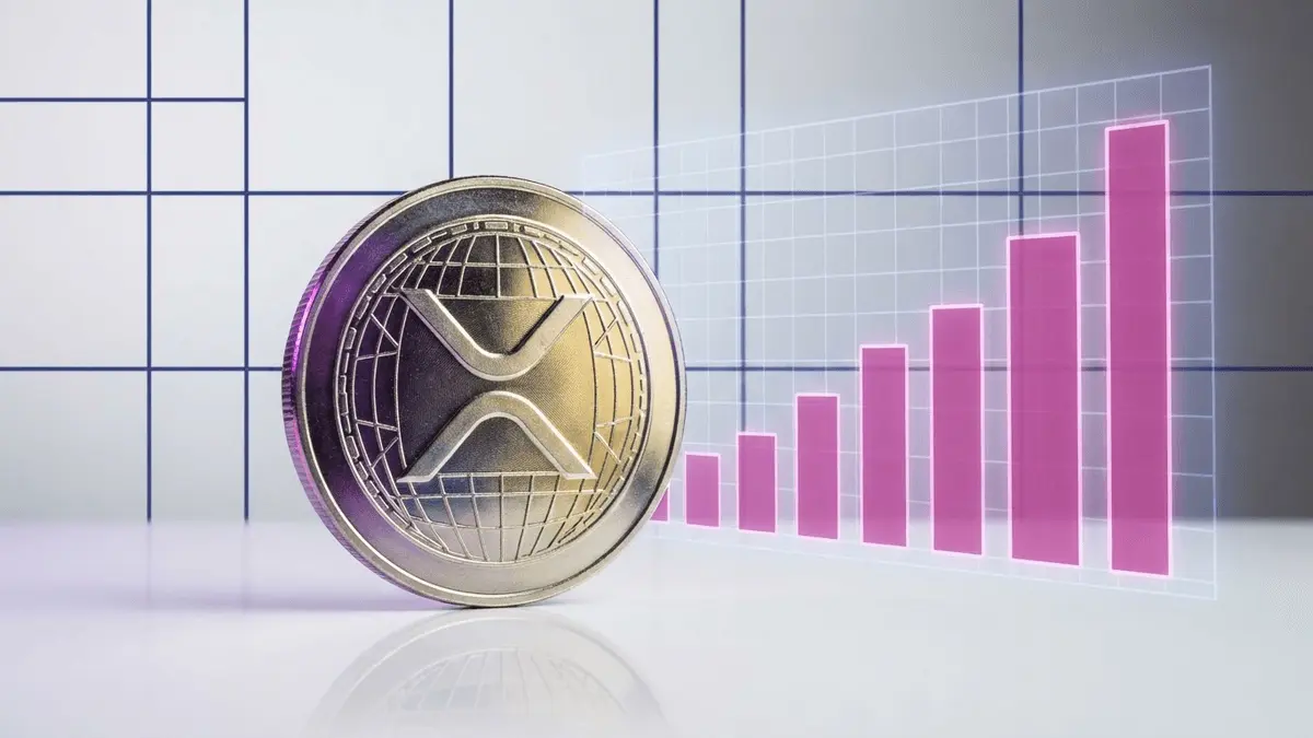 XRP coin with purple gradient lighting and holographic ETF inflow data visualization on white background