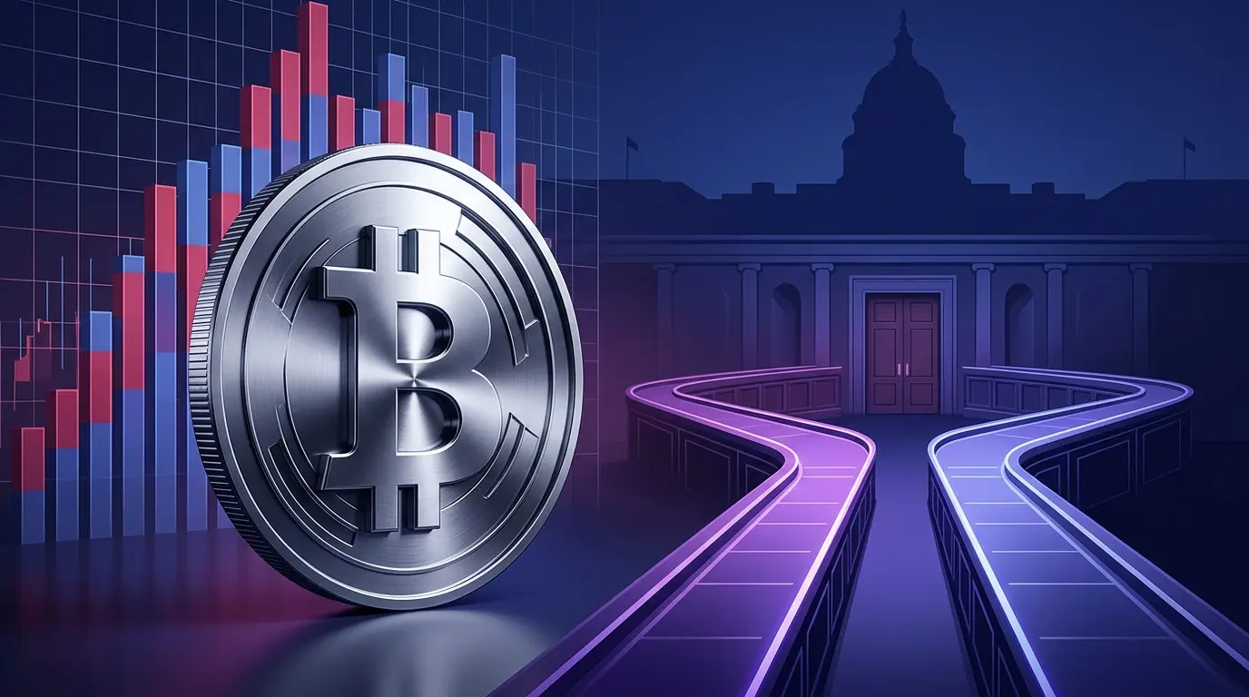 Bitcoin beside a divided Senate pathway, illustrating debt-hedge hopes and CLARITY Act roadblocks.